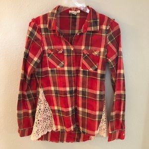 Red plaid and lace button down size small